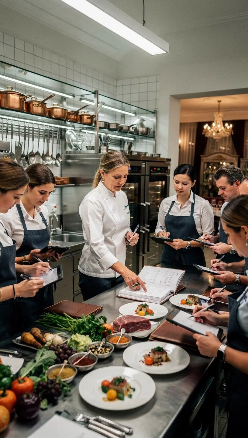 Ein privater Koch, der eine Kochdemonstration für eine kleine Gruppe gibt.
