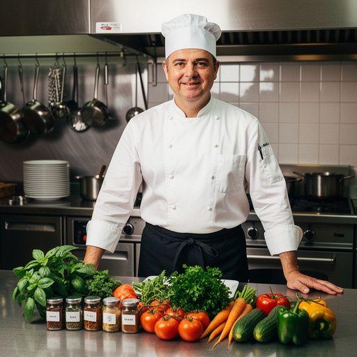 Kochutensilien und frische Kräuter auf einer Arbeitsfläche während des Trainings.